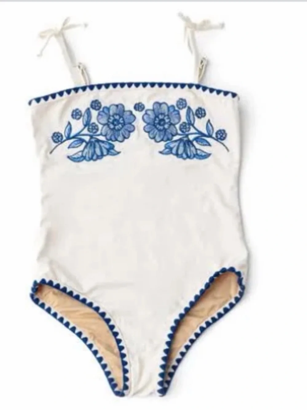 Girls White One-Piece Swimsuit with Blue Floral Embroidery
